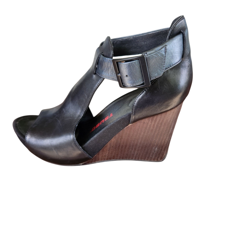 [7.5] Tsubo Black Leather Brown Heel Wedge Sandals Size US 7.5